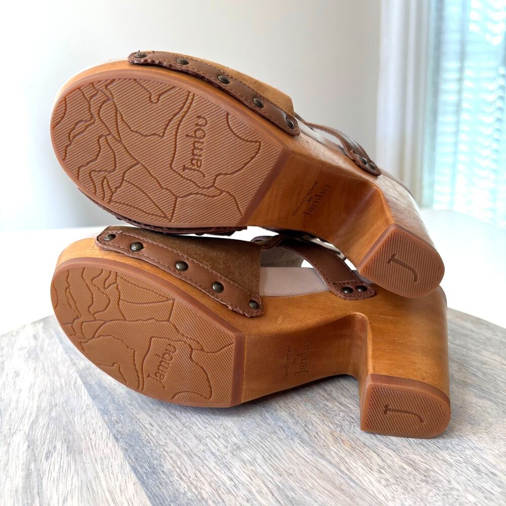 Jambu Handcrafted Suede Wood Platform Sandals Women's Size 8 Brown Peep Toe - Picture 12 of 13